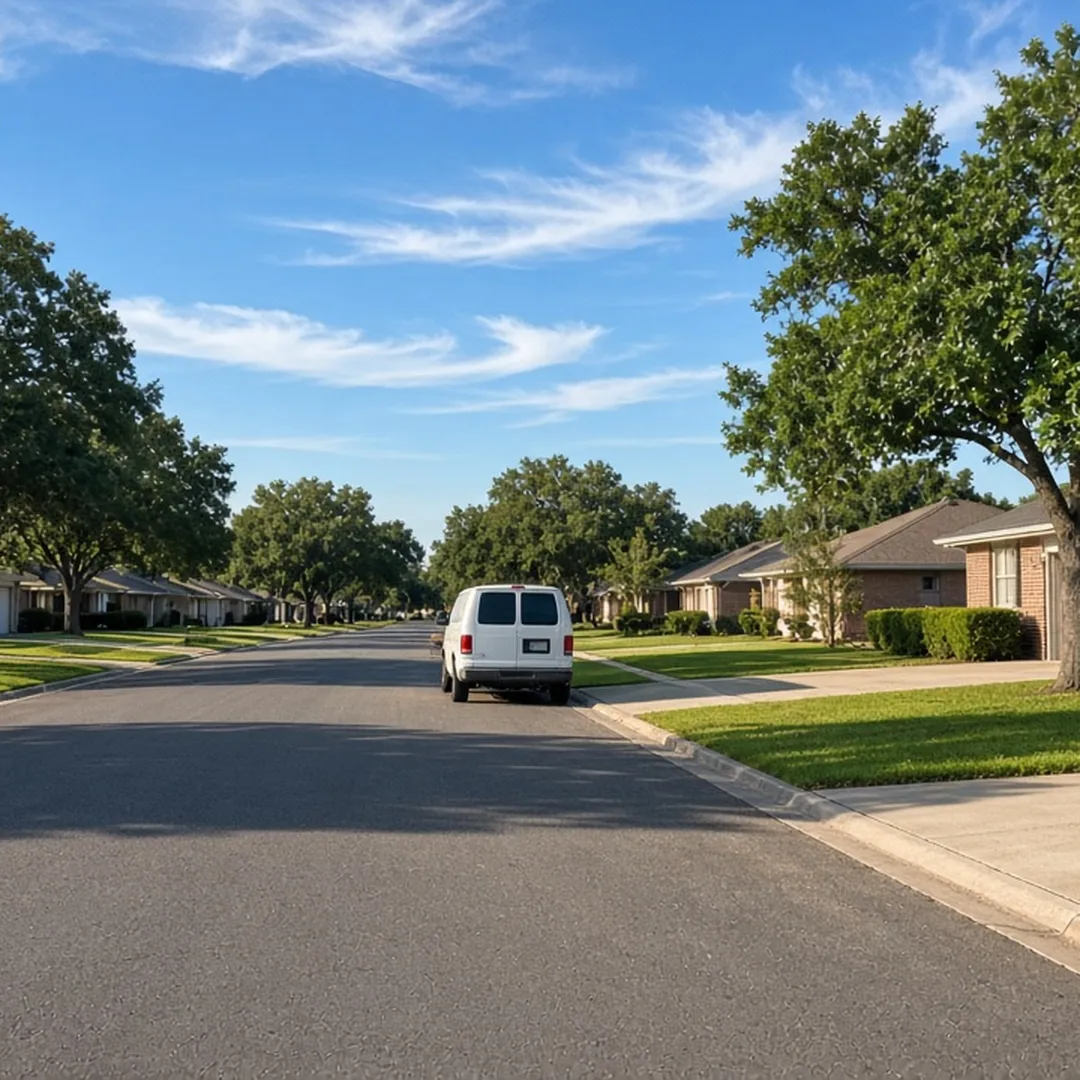 Quiet residential street of brick homes in Arlington, Texas, with an unmarked white work van at the curb