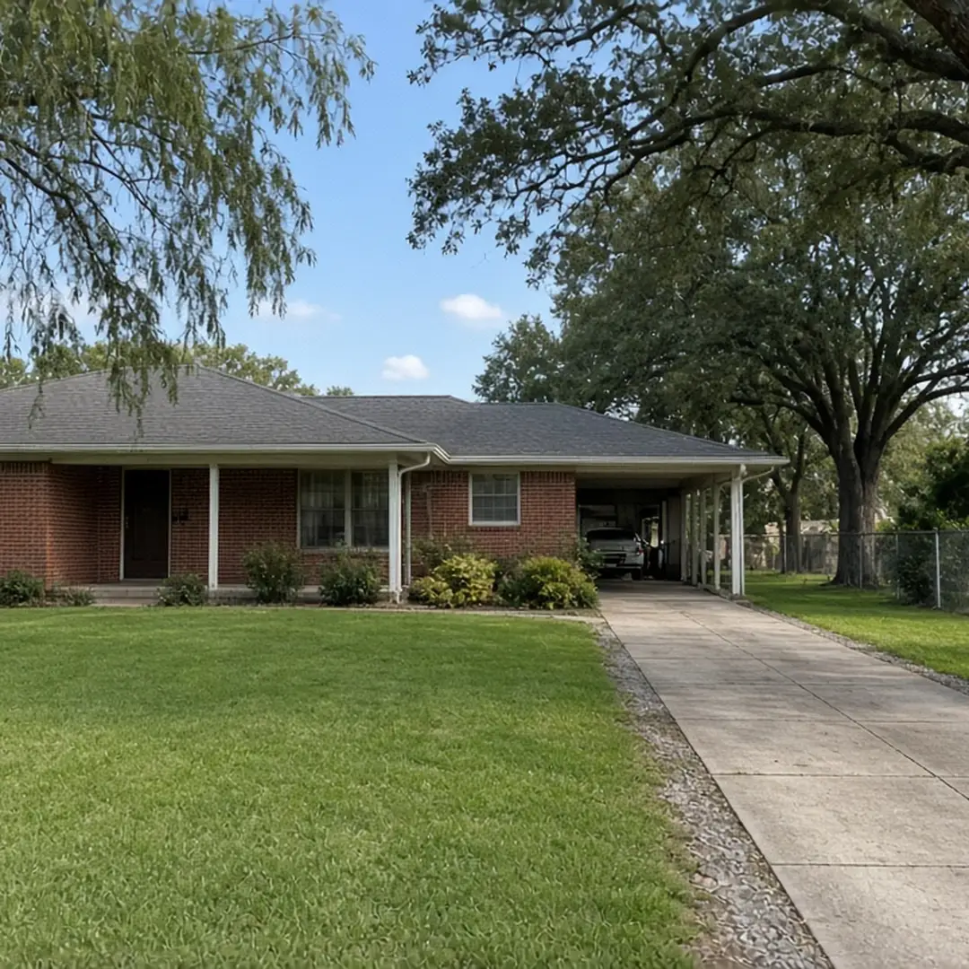 Single-story brick home on a large lot with mature trees in a small town next to Arlington, Texas
