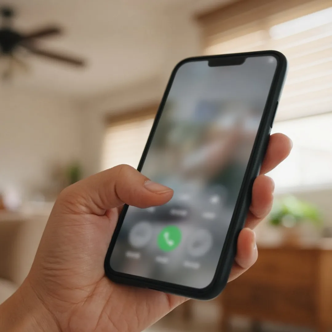 Hand holding a smartphone with a blurred call screen in a North Texas living room