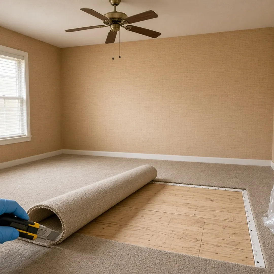 Bedroom with carpet and pad cut back to bare plywood subfloor during trauma cleanup in Arlington