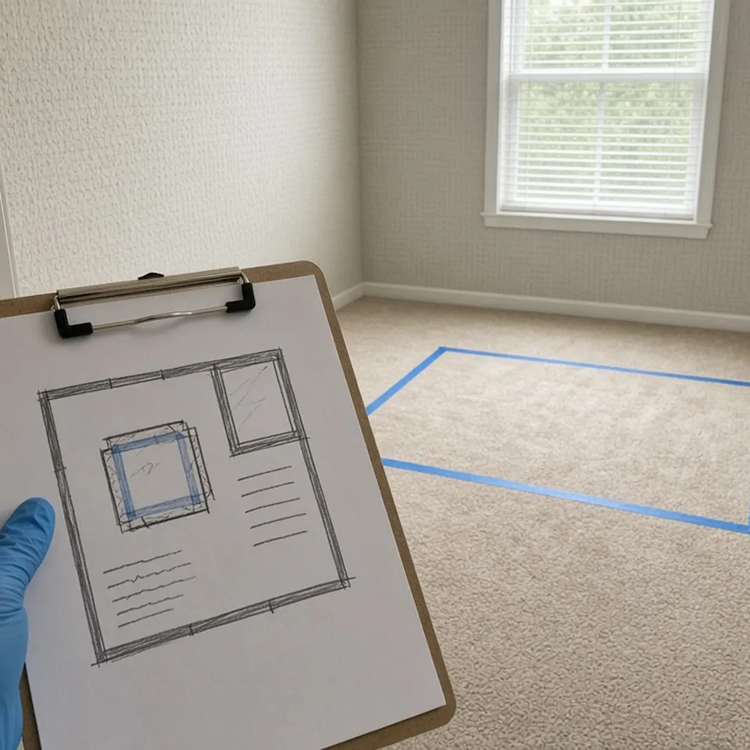 Gloved hand taking notes on a clipboard during a walkthrough of a room in an Arlington home